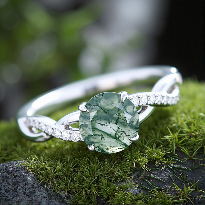 1.27CT Round Cut Moss Agate & Moissanite S925 Silver Engagement Ring