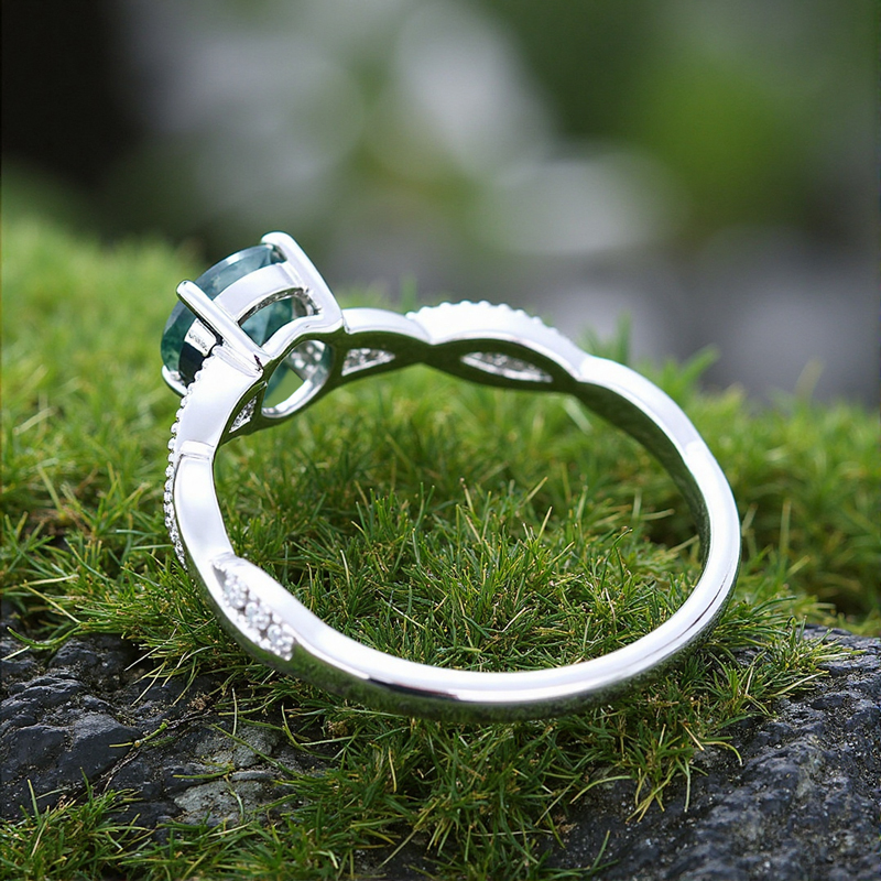 1.27CT Round Cut Moss Agate & Moissanite S925 Silver Engagement Ring
