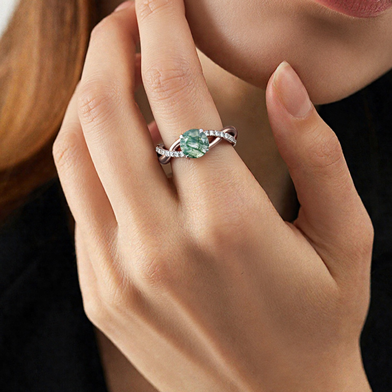 1.27CT Round Cut Moss Agate & Moissanite S925 Silver Engagement Ring