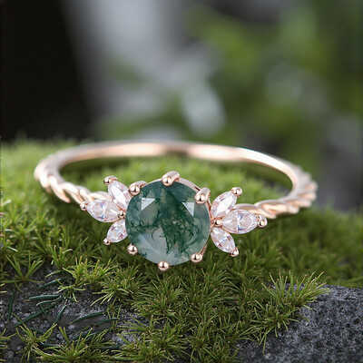 1.24CT Round Cut Moss Agate & Marquise Cut Moissanite S925 Silver Engagement Ring
