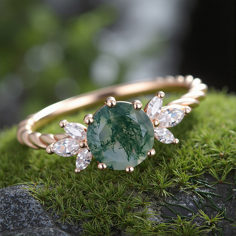 1.24CT Round Cut Moss Agate & Marquise Cut Moissanite S925 Silver Twisted Band Engagement Ring