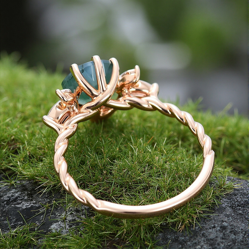 1.24CT Round Cut Moss Agate & Marquise Cut Moissanite S925 Silver Twisted Band Engagement Ring