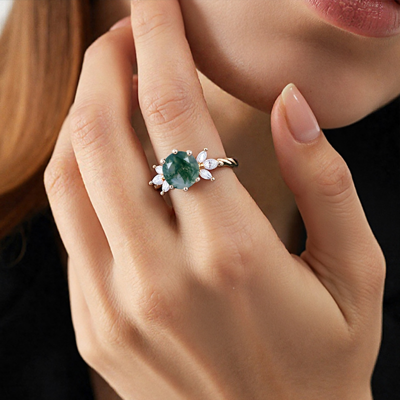 1.24CT Round Cut Moss Agate & Marquise Cut Moissanite S925 Silver Twisted Band Engagement Ring