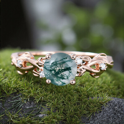 1.06CT Round Cut Moss Agate & Moissanite S925 Silver Engagement Ring