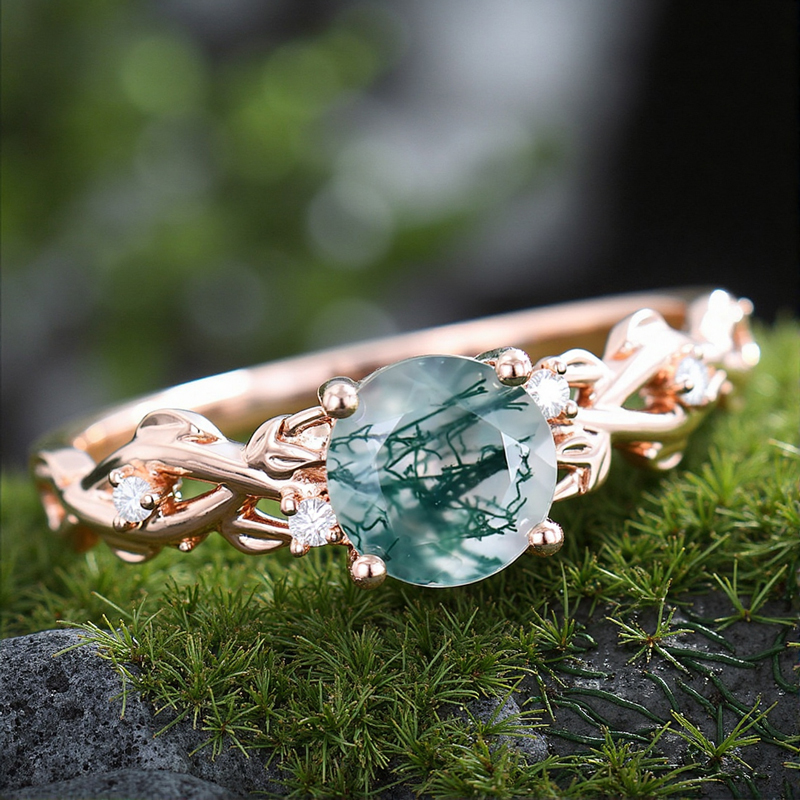 1.06CT Round Cut Moss Agate & Moissanite S925 Silver Engagement Ring