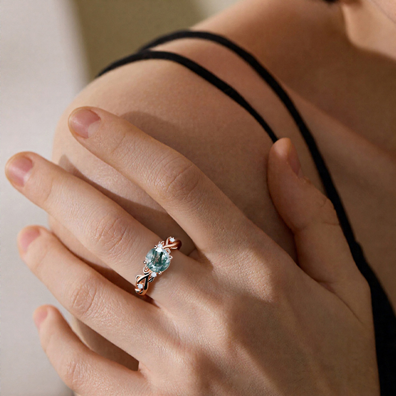 1.06CT Round Cut Moss Agate & Moissanite S925 Silver Engagement Ring
