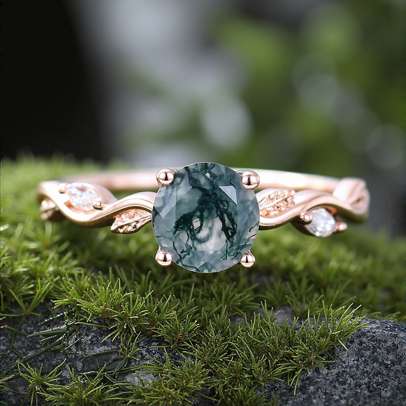1.06CT Round Cut Moss Agate & Marquise Cut Moissanite S925 Silver Engagement Ring