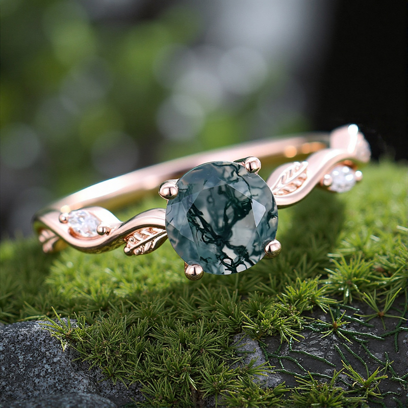 1.06CT Round Cut Moss Agate & Marquise Cut Moissanite S925 Silver Engagement Ring