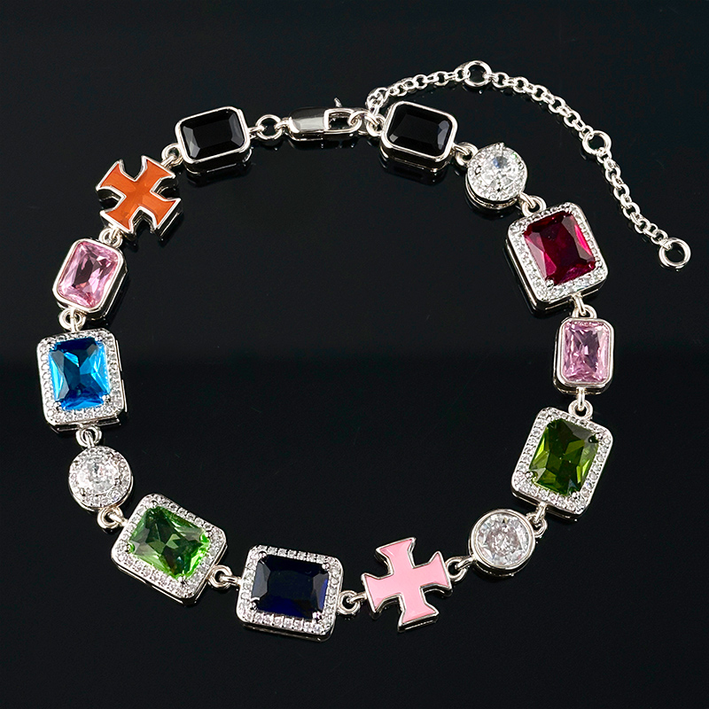 10mm Multicolored Gemstones Enamel Cross Bracelet