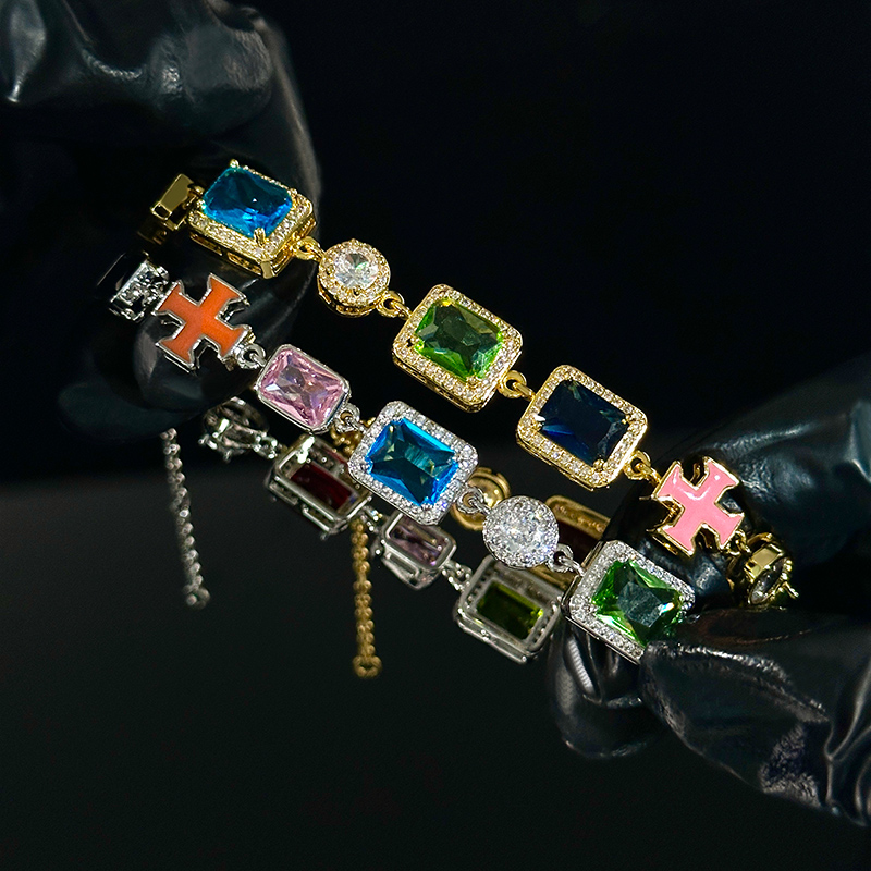 10mm Multicolored Gemstones Enamel Cross Bracelet