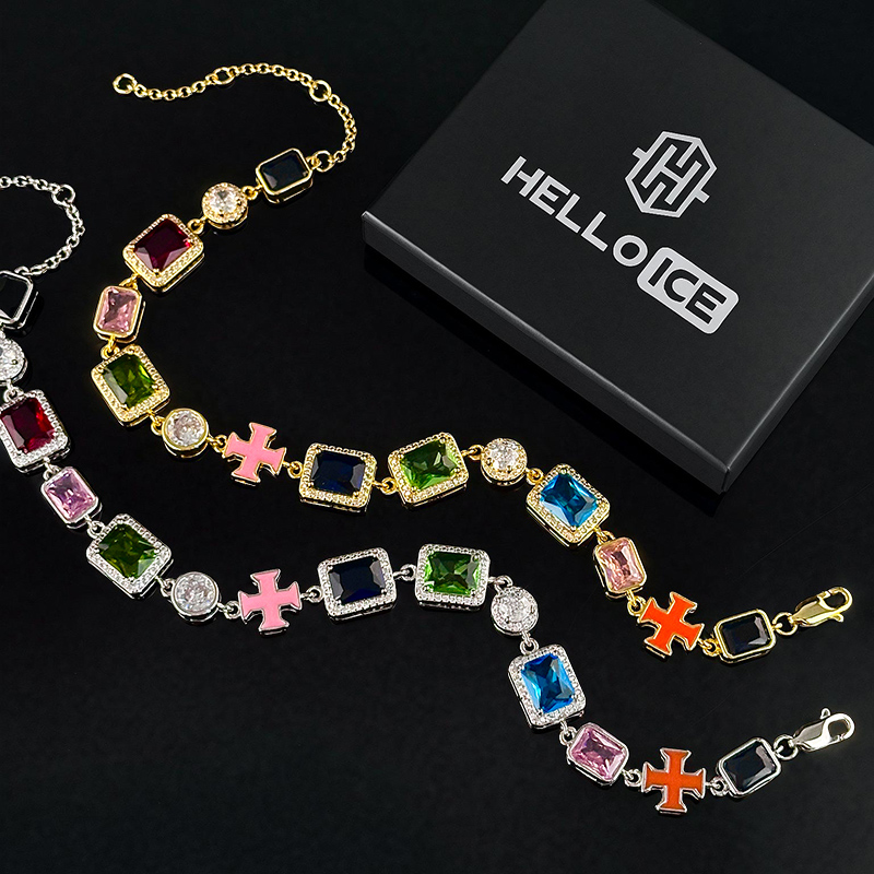 10mm Multicolored Gemstones Enamel Cross Bracelet