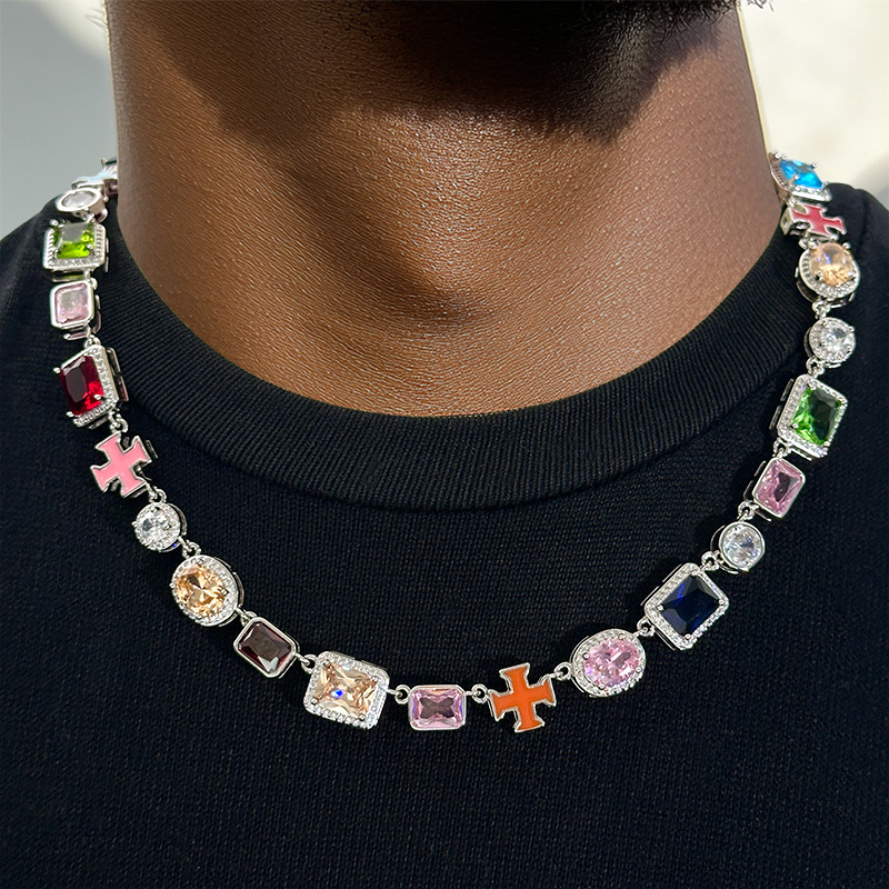 10mm Multicolored Gemstones Enamel Cross Chain