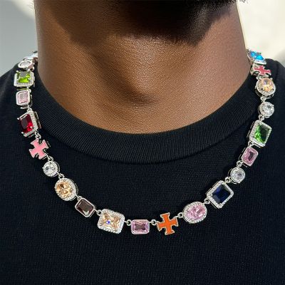 10mm Multicolored Gemstones Enamel Cross Chain