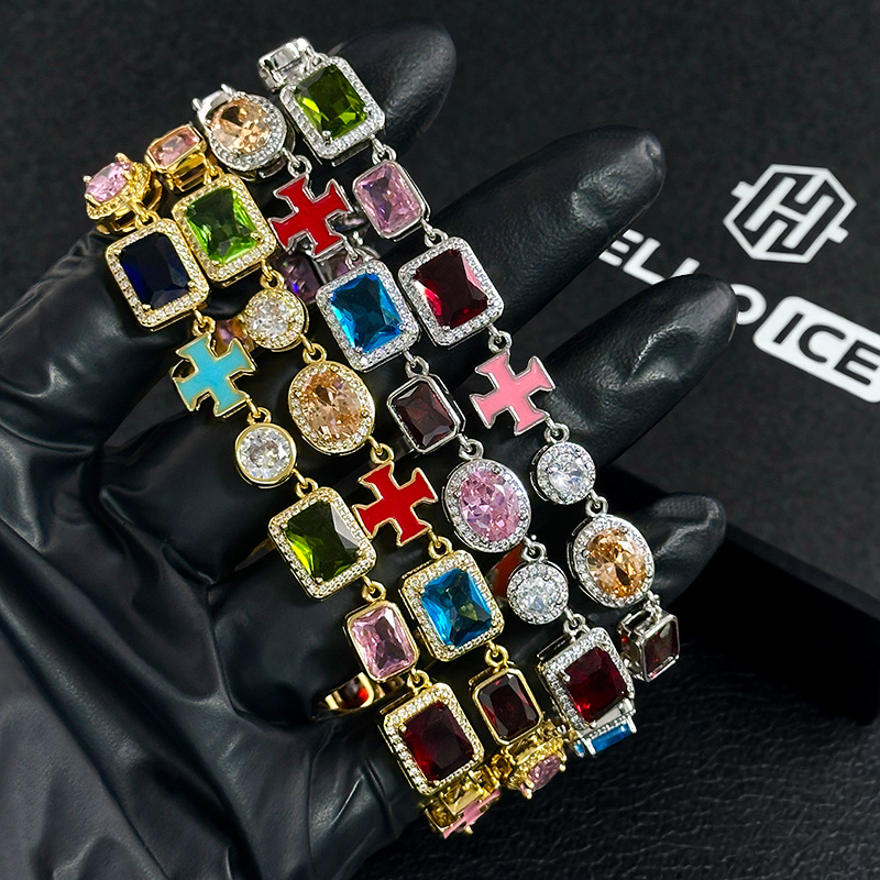 10mm Multicolored Gemstones Enamel Cross Chain
