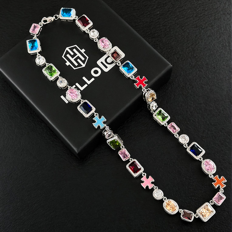 10mm Multicolored Gemstones Enamel Cross Chain