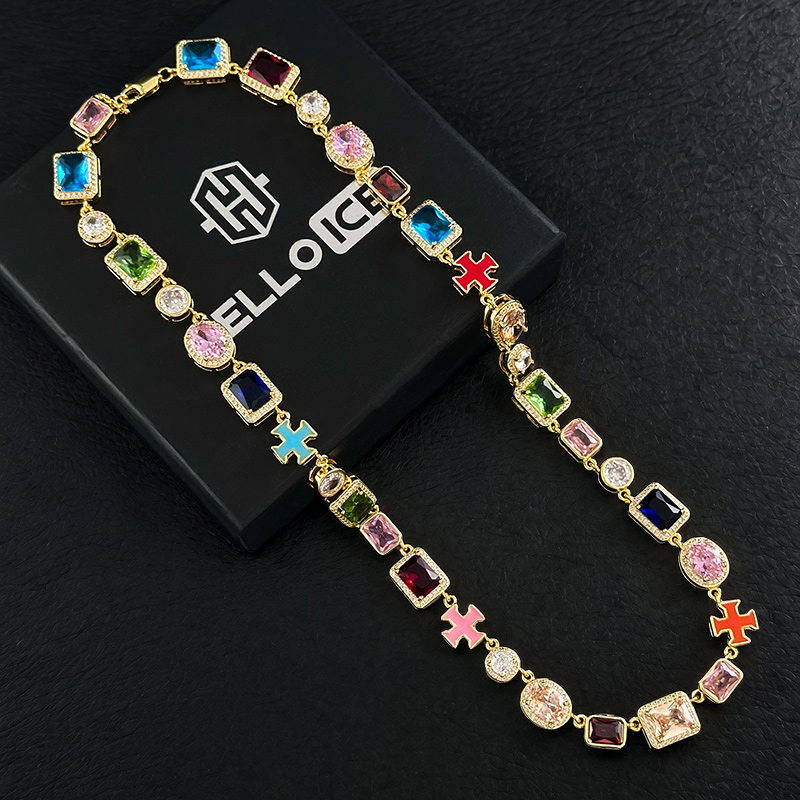 10mm Multicolored Gemstones Enamel Cross Chain