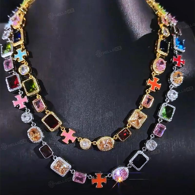 10mm Multicolored Gemstones Enamel Cross Chain