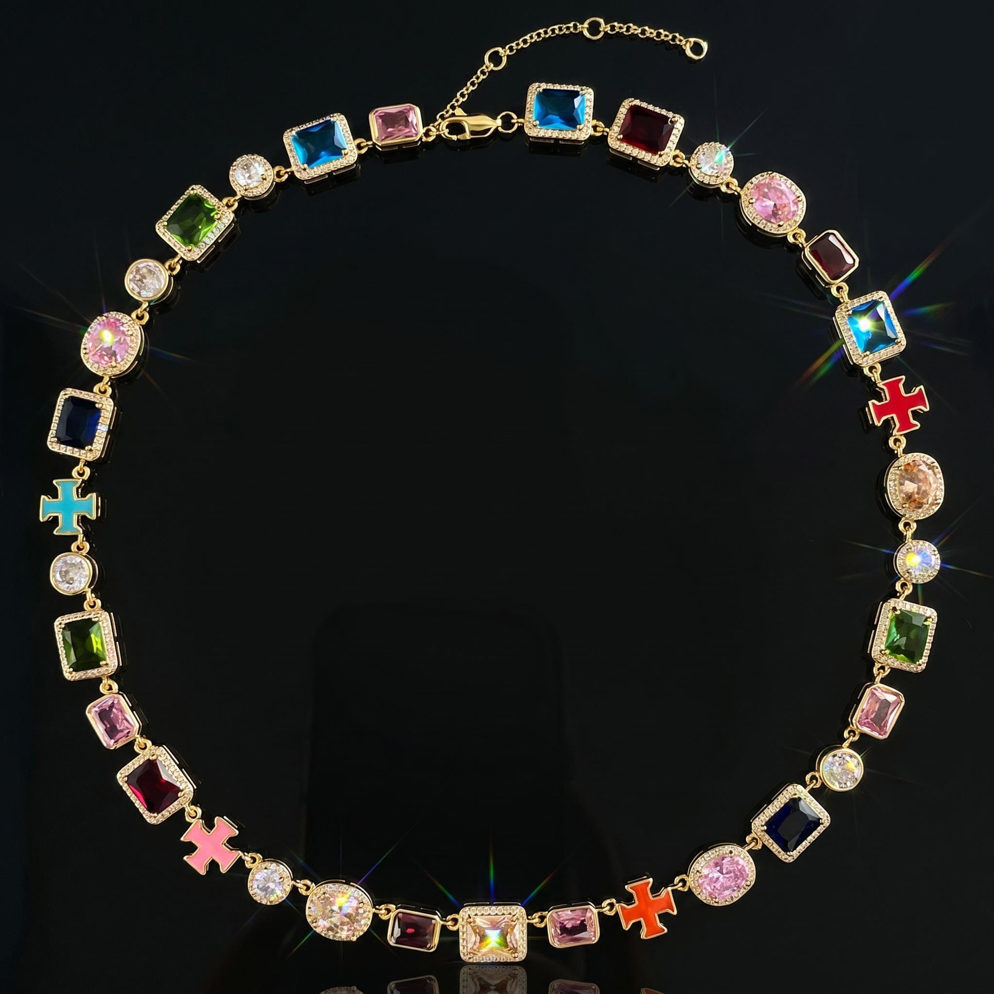 10mm Multicolored Gemstones Enamel Cross Chain
