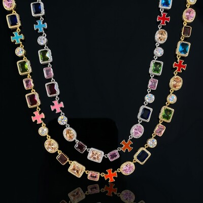 10mm Multicolored Gemstones Enamel Cross Chain