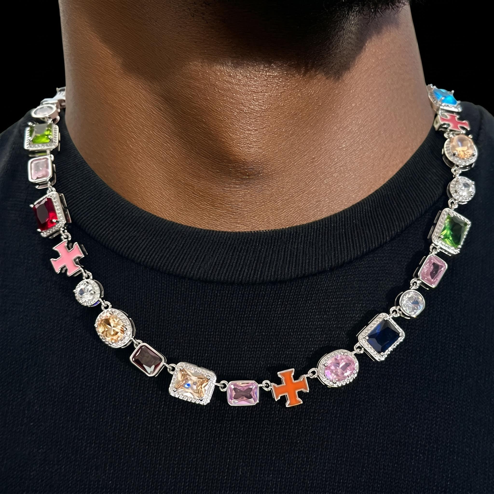 10mm Multicolored Gemstones Enamel Cross Chain