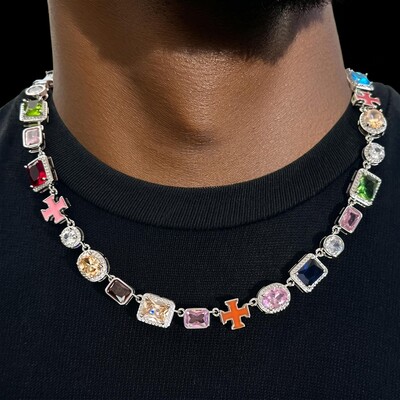 10mm Multicolored Gemstones Enamel Cross Chain