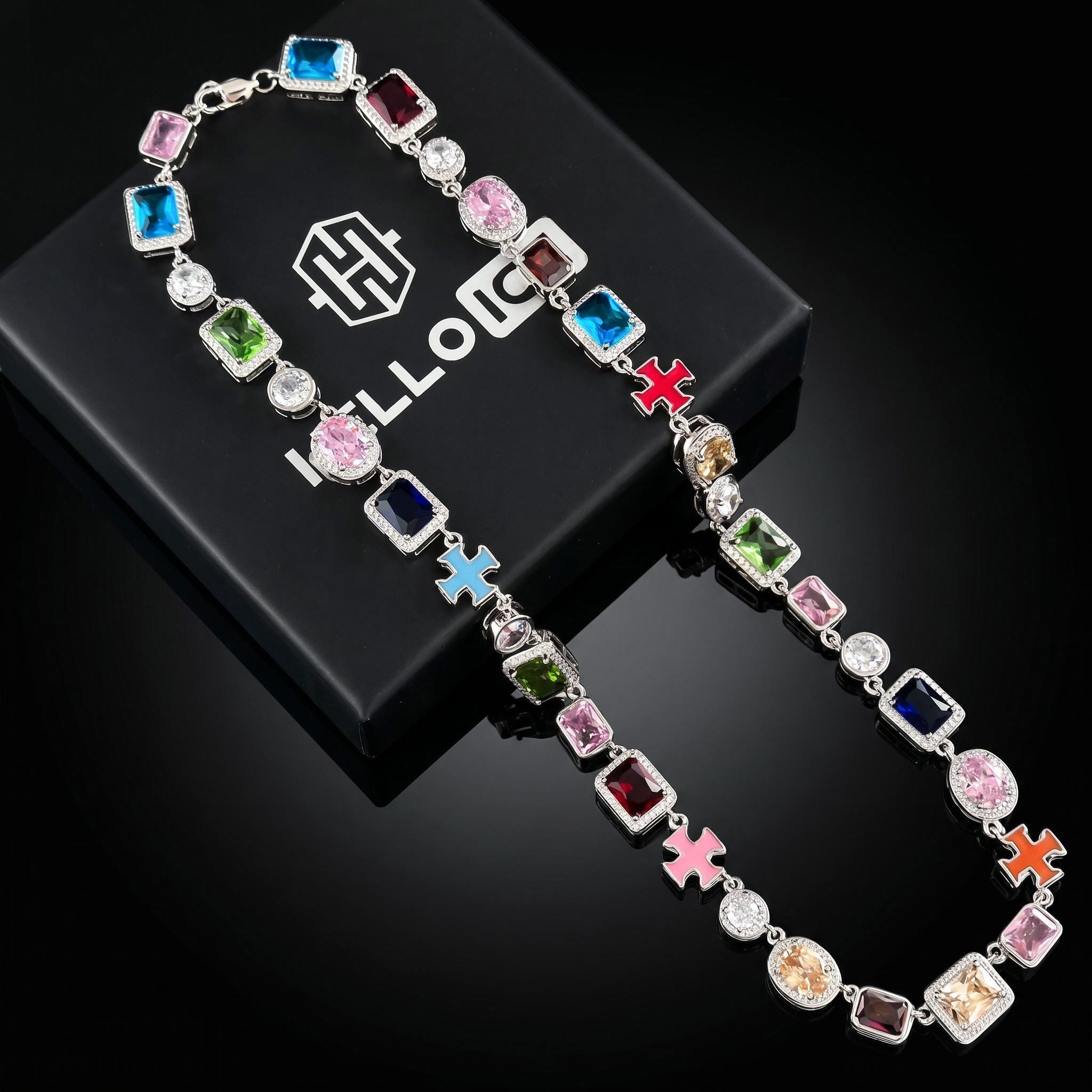 10mm Multicolored Gemstones Enamel Cross Chain