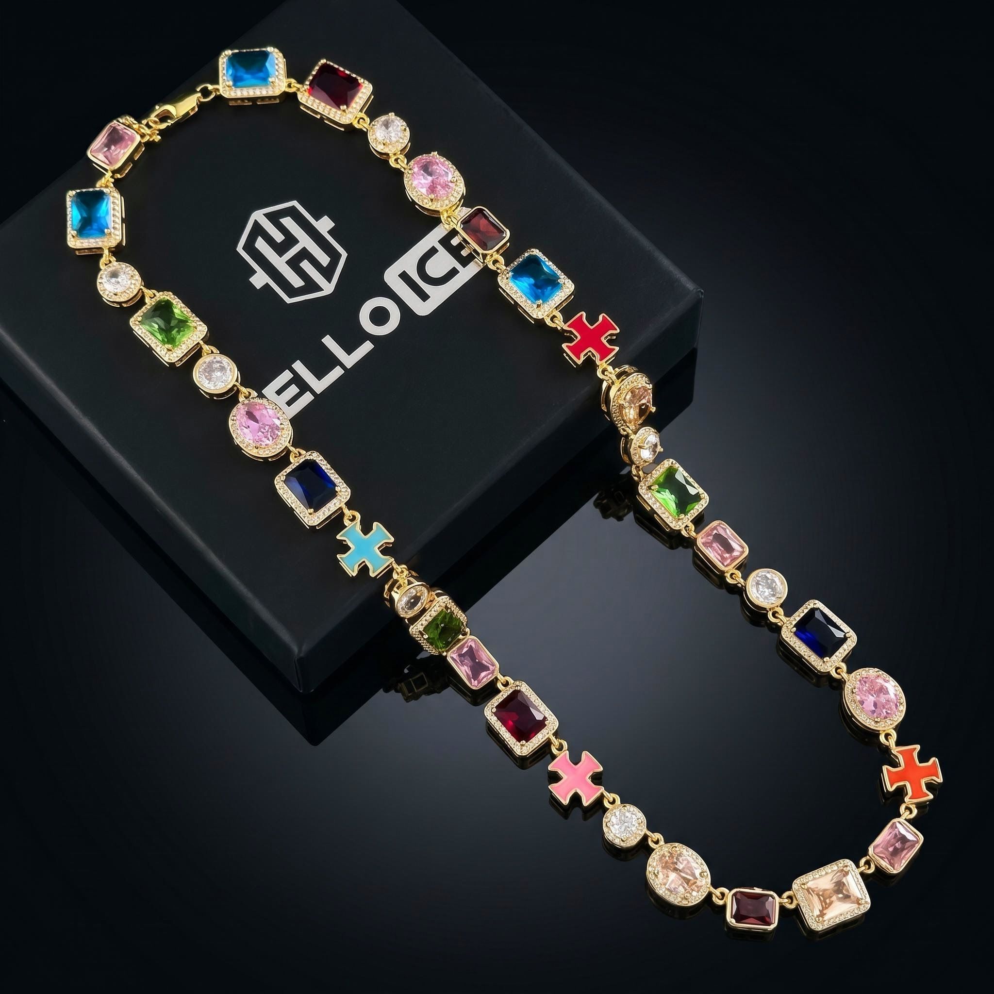 10mm Multicolored Gemstones Enamel Cross Chain