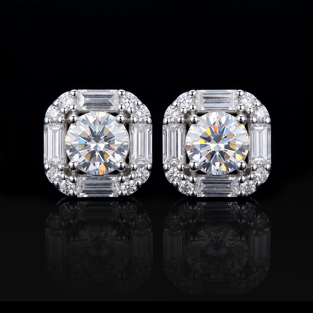 Round and Baguette Diamond Earrings