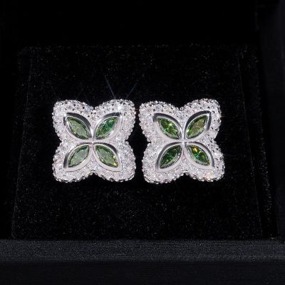 925S & VVS Moissanite Olive Green Clover Earrings