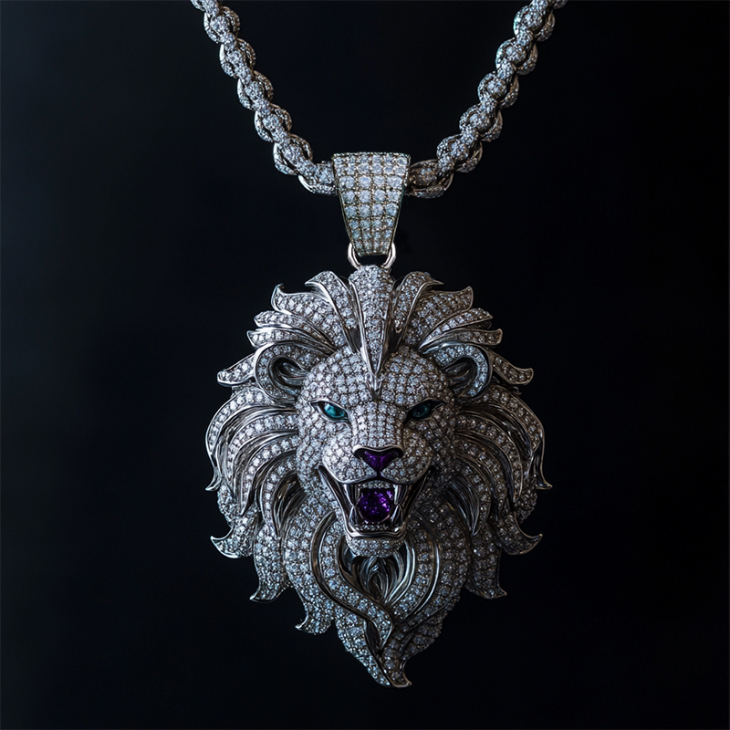 Iced Roaring Lion Head Pendant