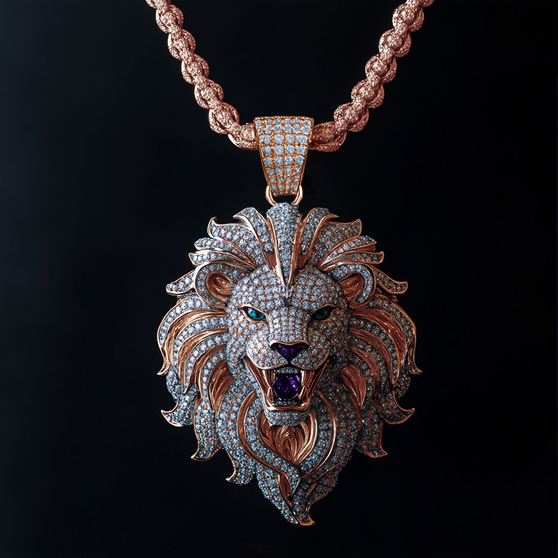 Iced Roaring Lion Head Pendant