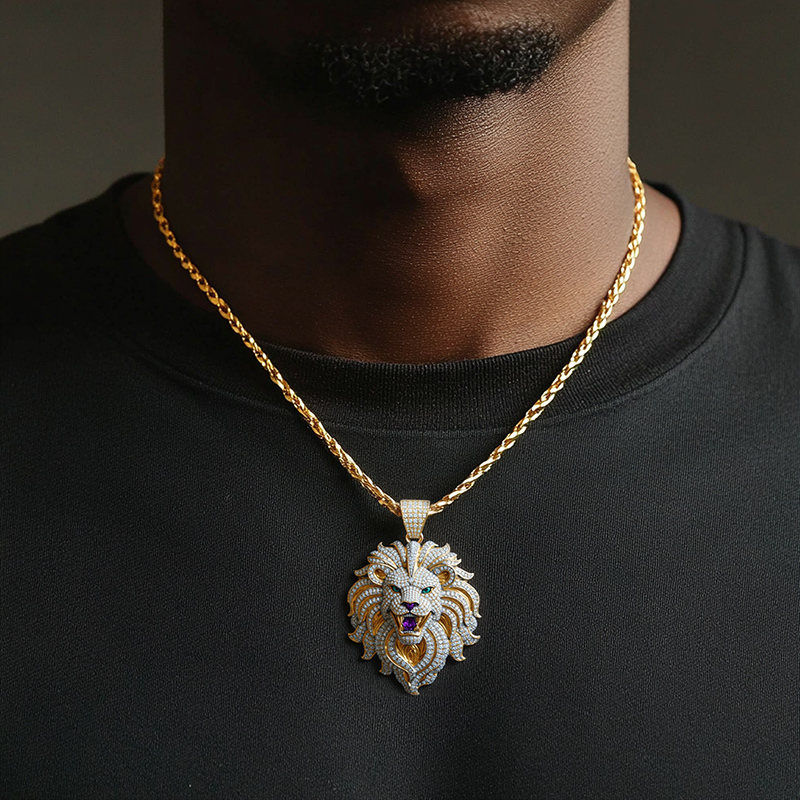 Iced Roaring Lion Head Pendant