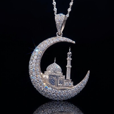 Iced Out Islamic Muslim Crescent Mosque Pendant