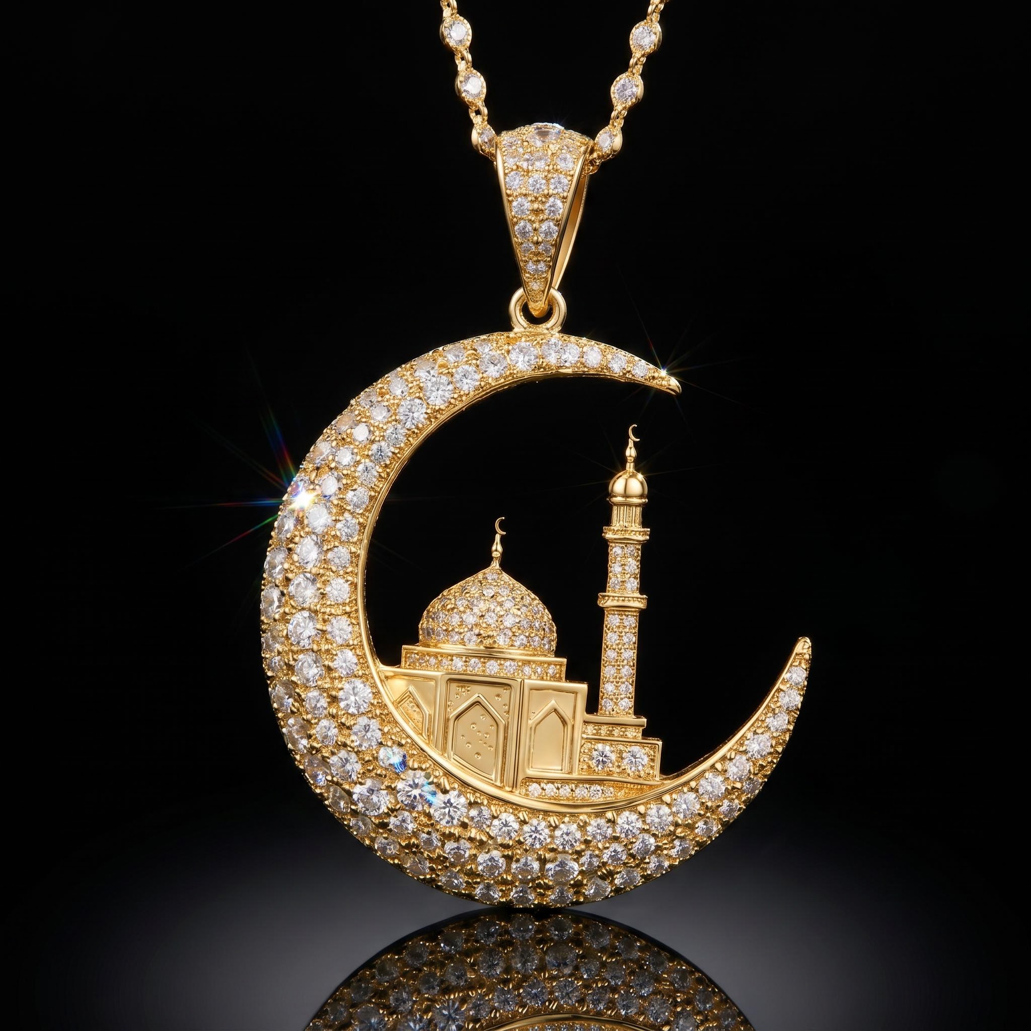 Iced Out Islamic Muslim Crescent Mosque Pendant