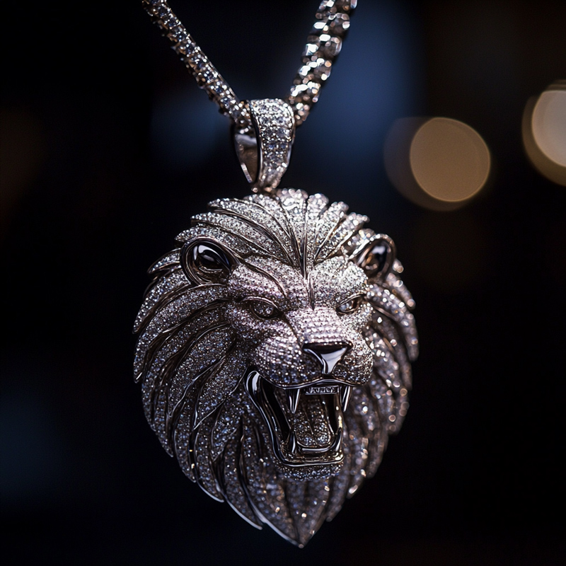 Iced Roaring  Lion Head Pendant