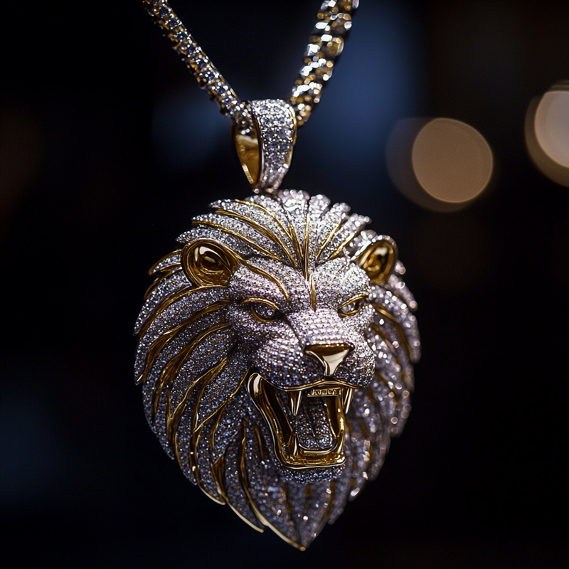 Iced Roaring  Lion Head Pendant
