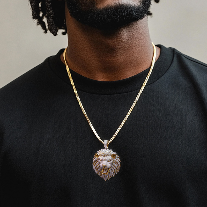 Iced Roaring  Lion Head Pendant