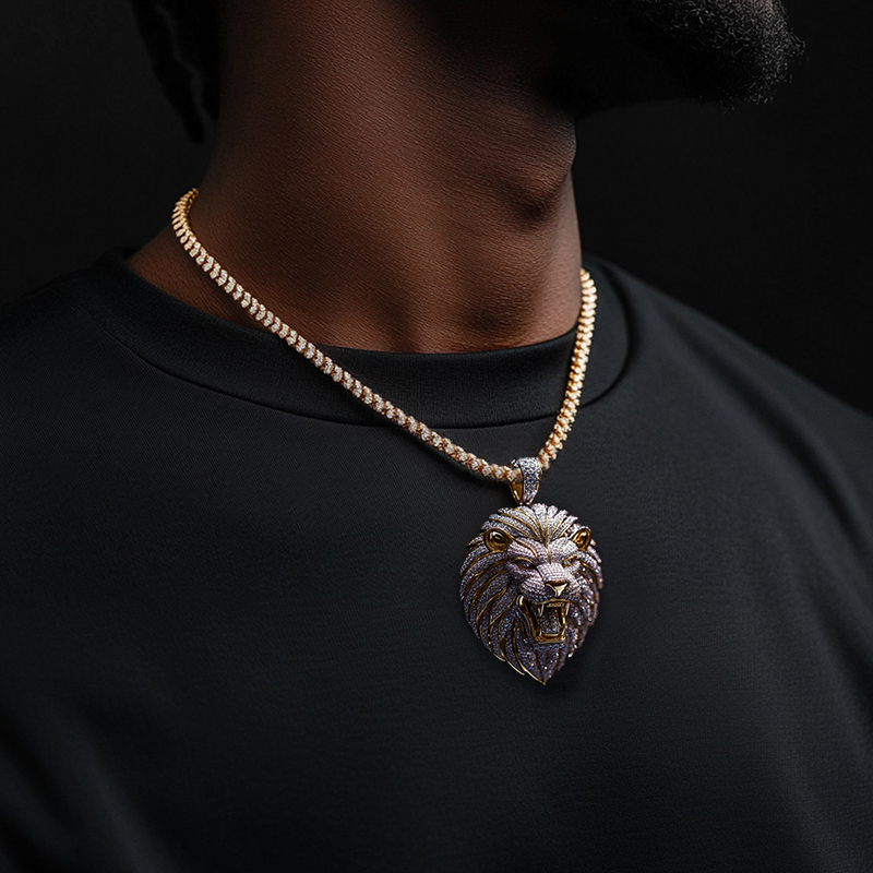Iced Roaring  Lion Head Pendant