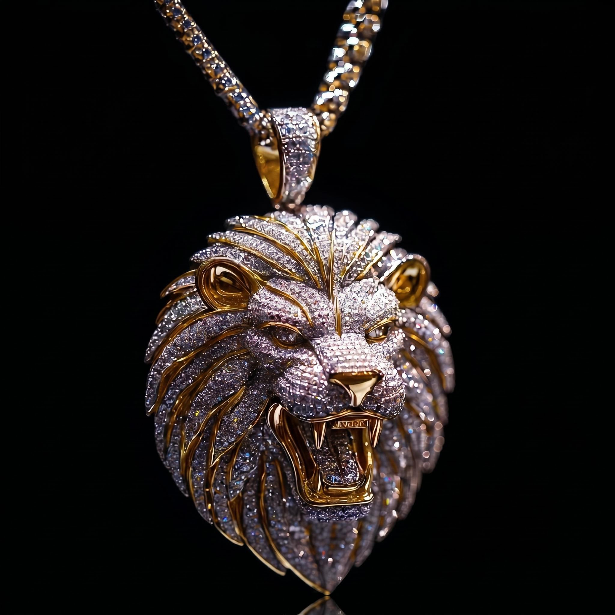 Iced Roaring  Lion Head Pendant