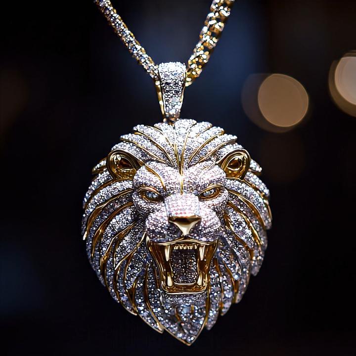 Iced Roaring  Lion Head Pendant