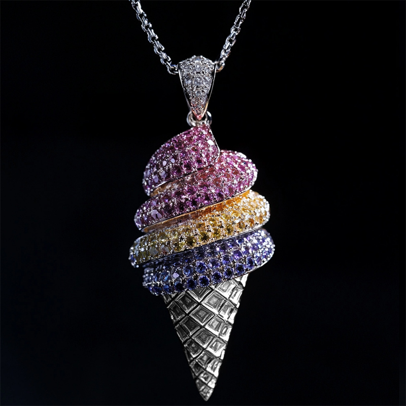 Iced Out Colorful Ice Cream Cone Pendant