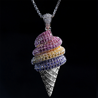 Iced Out Colorful Ice Cream Cone Pendant