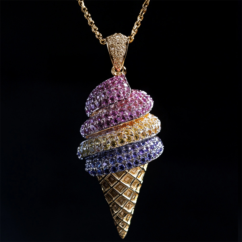 Iced Out Colorful Ice Cream Cone Pendant