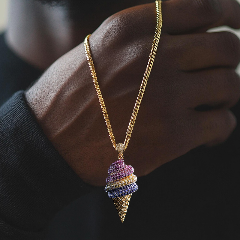 Iced Out Colorful Ice Cream Cone Pendant