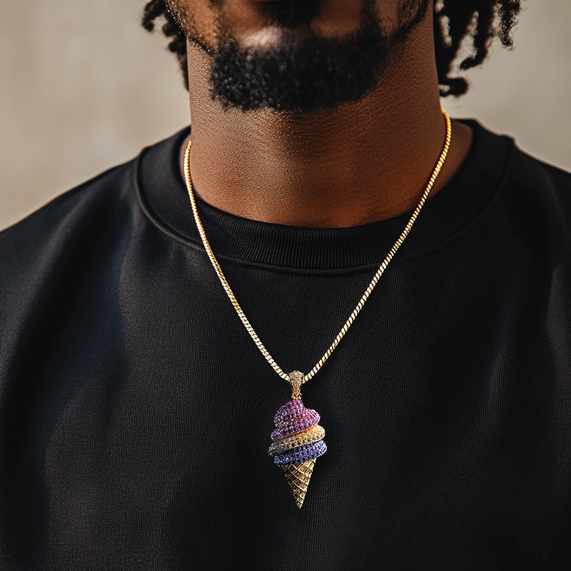 Iced Out Colorful Ice Cream Cone Pendant