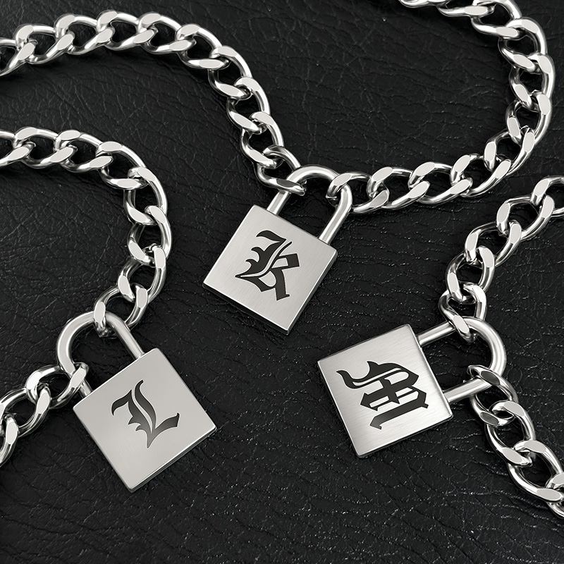 Stainless Steel Old English Letters Lock pendant with Cuban Chain