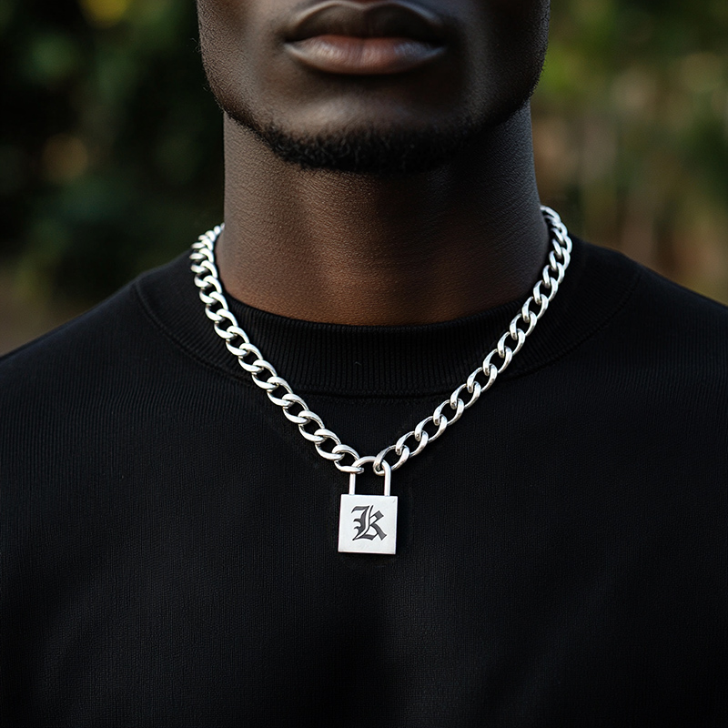 Stainless Steel Old English Letters Lock pendant with Cuban Chain