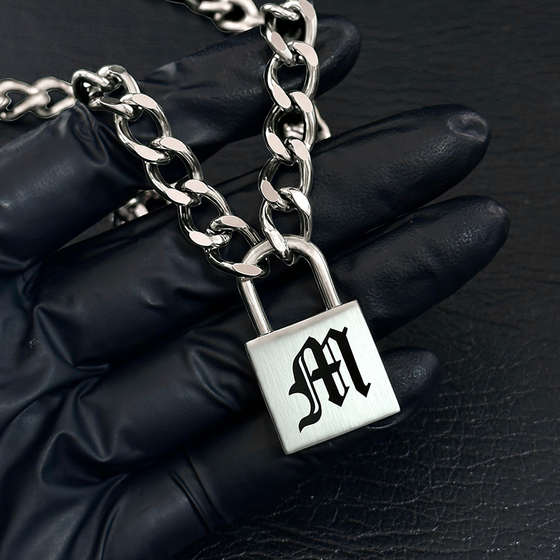 Stainless Steel Old English Letters Lock pendant with Cuban Chain