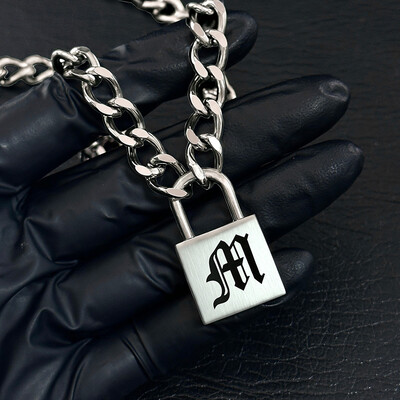 Stainless Steel Old English Letters Lock pendant with Cuban Chain