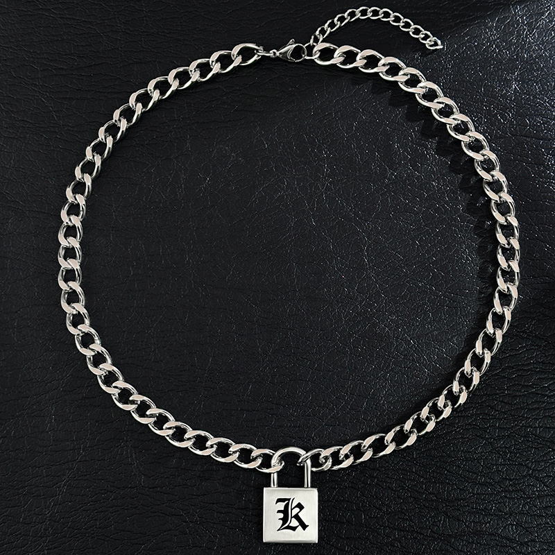Stainless Steel Old English Letters Lock pendant with Cuban Chain